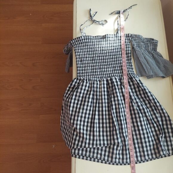 Black White Gingham Smocked Tie Strap Off Shoulder Mini Dress (Estimated) Small - Picture 7 of 9